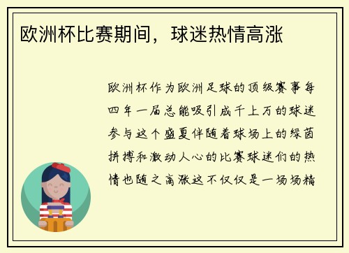 欧洲杯比赛期间，球迷热情高涨